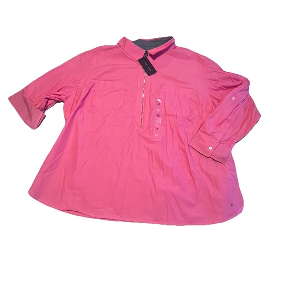 Tommy Hilfiger Tops - Tommy Hilfiger 2X Pink 1/2 Zip Roll‎ Tab Sleeve Cotton Popover Shirt NWT $79